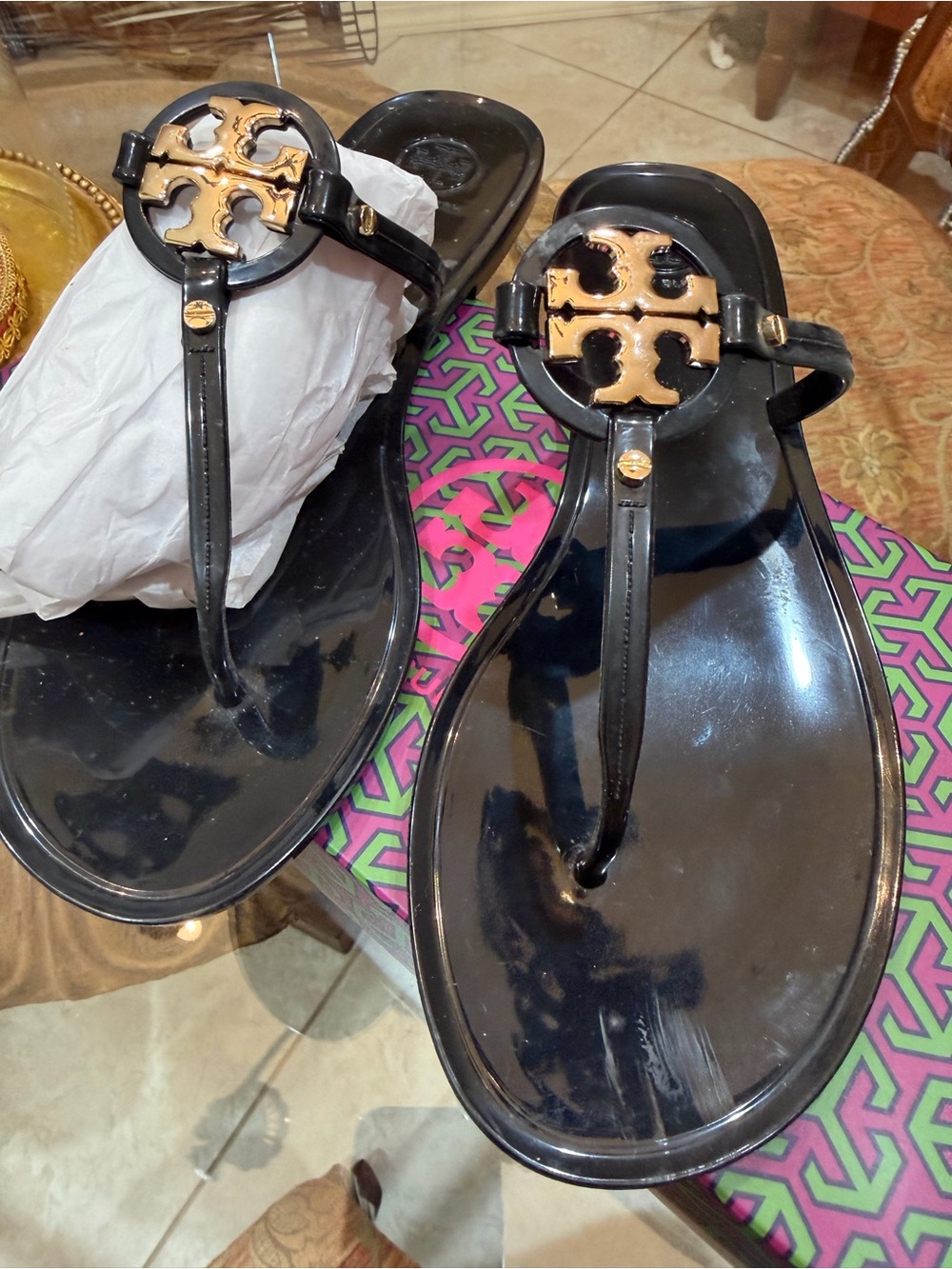 Tory Burch Black Jelly Thong Sandals with Gold Logo Medallion